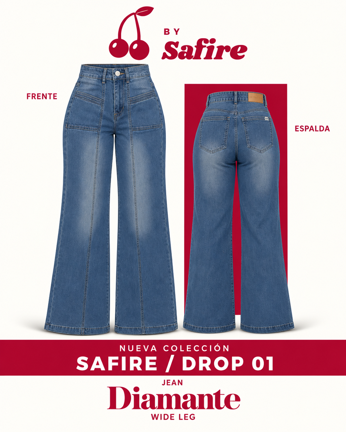 Jeans wide leg Diamante azul medio tiro alto By Safire, vista frente y espalda