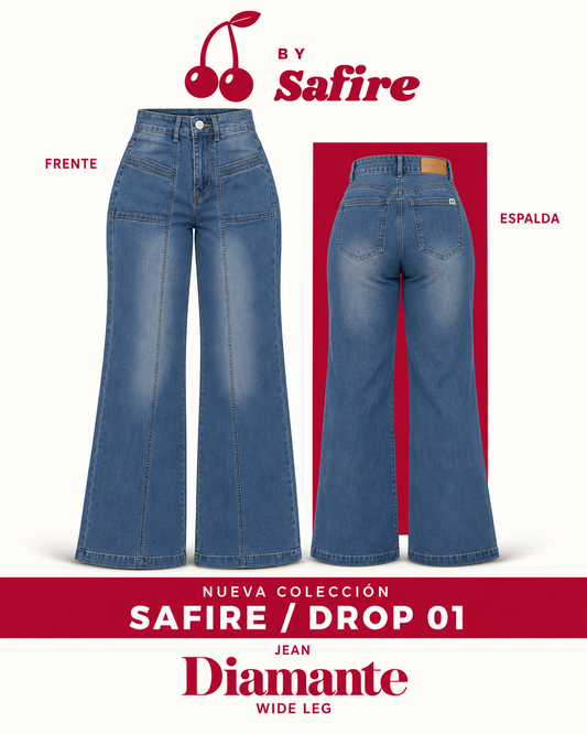 Jeans wide leg Diamante azul medio tiro alto By Safire, vista frente y espalda