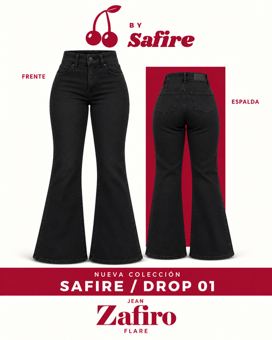 Jeans flare Zafiro negro tiro alto By Safire, vista frente y espalda