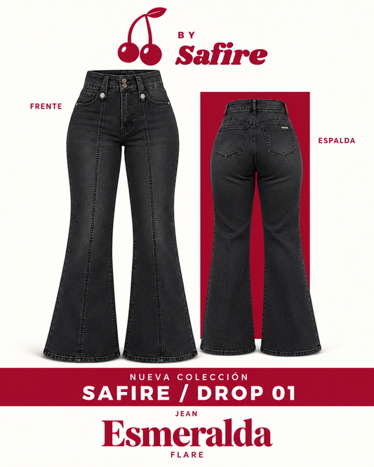 Jeans flare Esmeralda negro deslavado tiro alto By Safire, vista frente y espalda