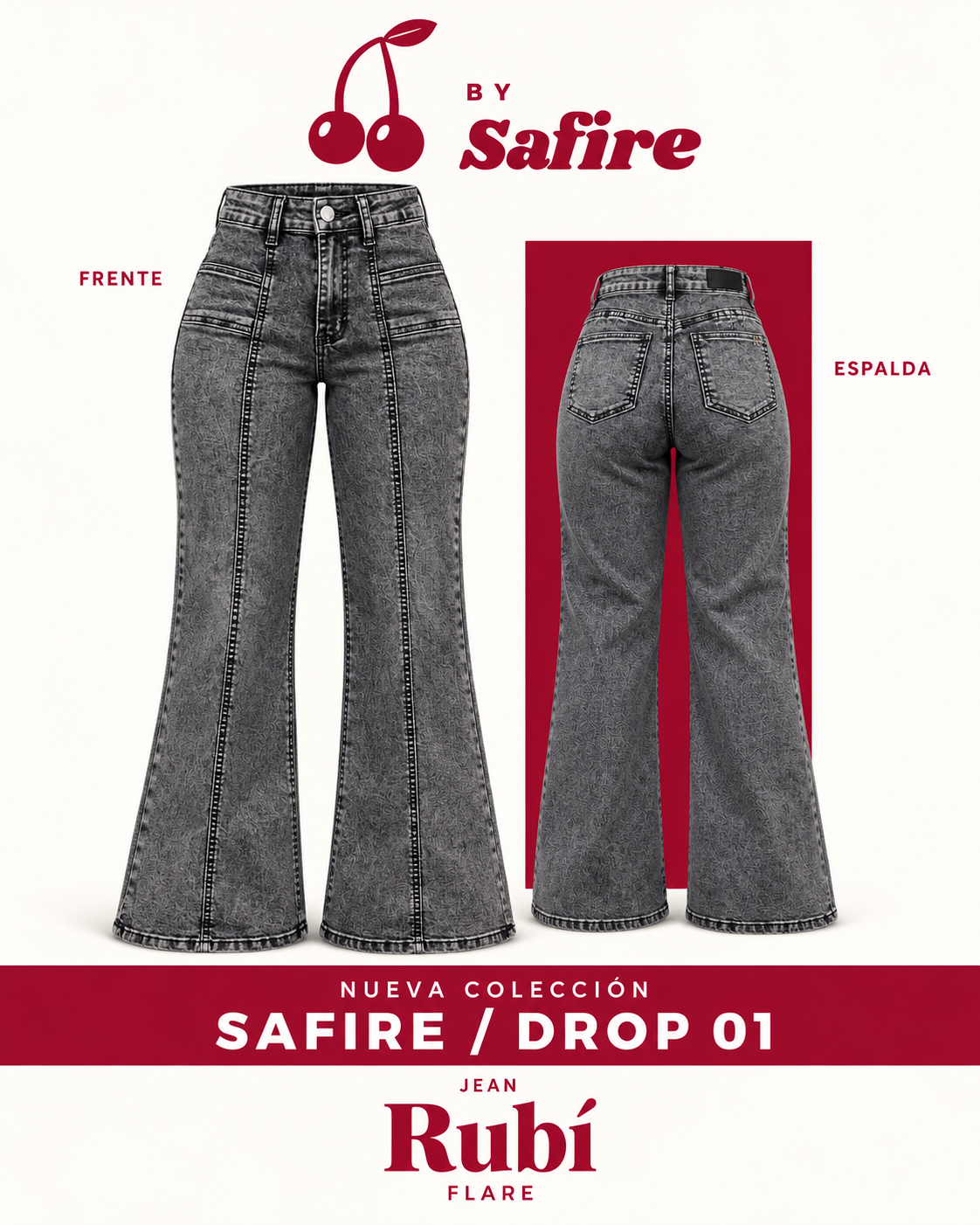 Jeans flare Rubí gris nevado tiro alto By Safire, vista frente y espalda