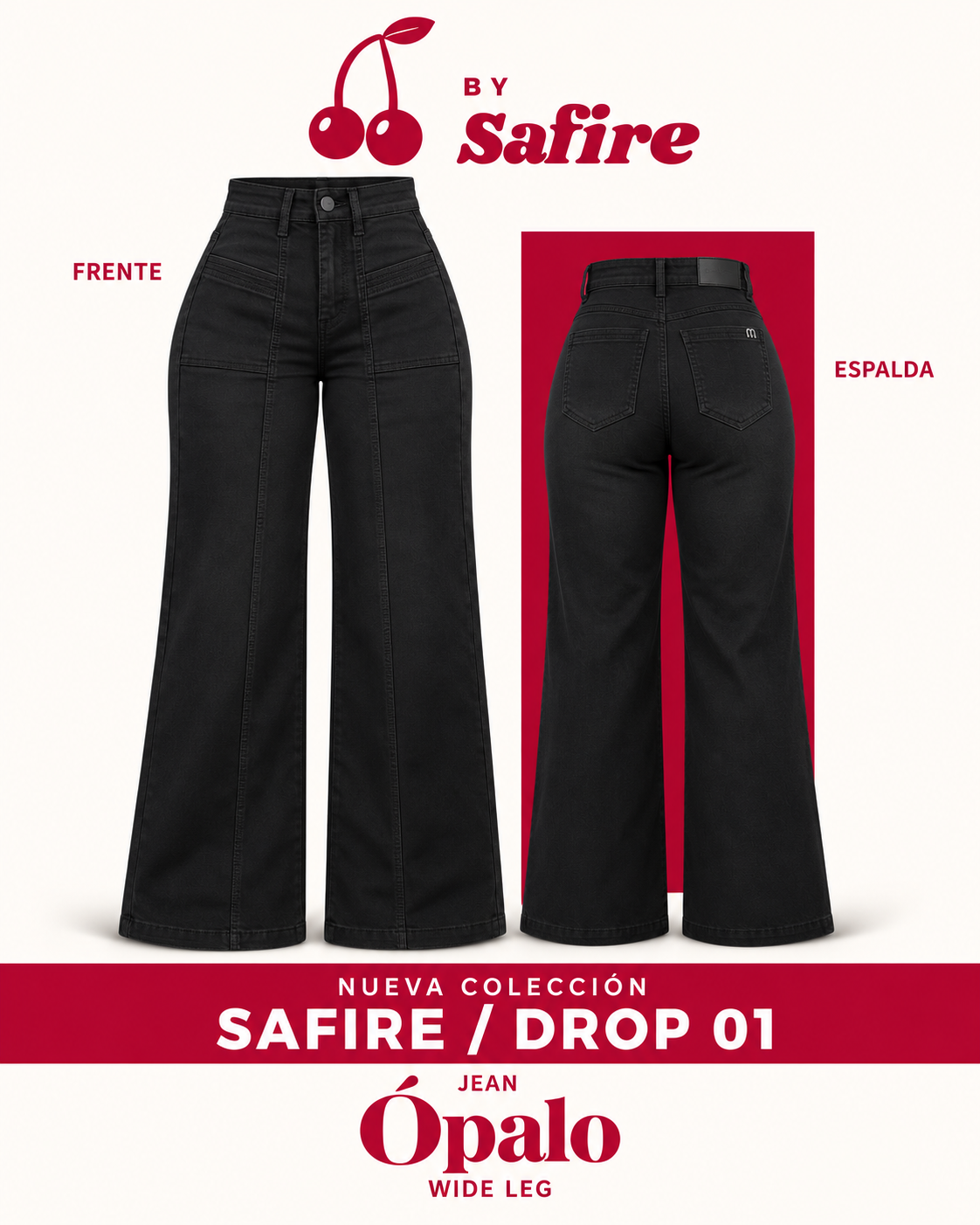 Jeans wide leg Ópalo negro tiro alto By Safire, vista frente y espalda