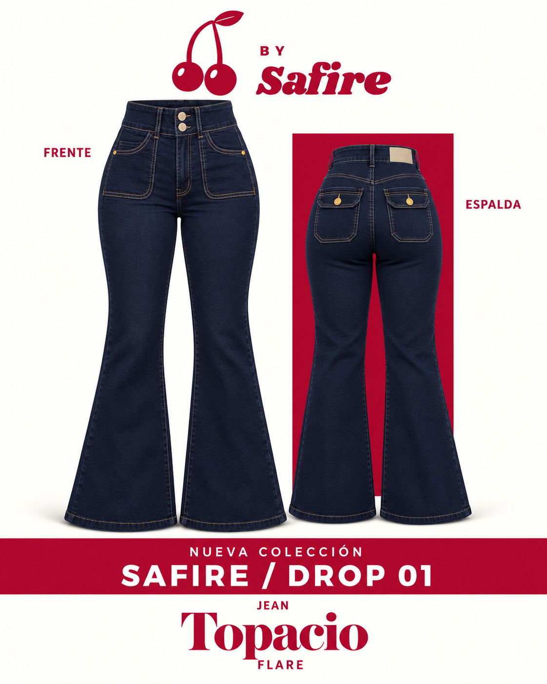 Jeans flare Topacio azul oscuro tiro alto By Safire, vista frente y espalda